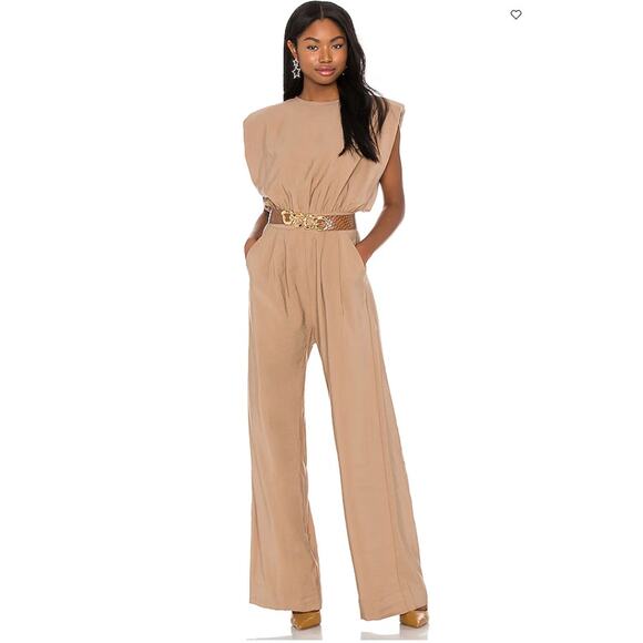 NONchalant Label Josie Jumpsuit S Sleeveless Padded Keyhole Pocket Pleated Camel - Picture 1 of 9